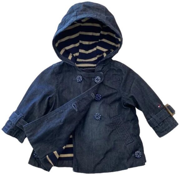 Tommy Hilfiger Baby Girls Hooded Denim Pea Coat Polka-Dot Buttons 6-9 Months - Picture 1 of 11